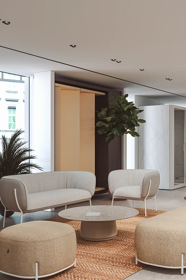 Moderne Bürolounge mit Designer-Sofa, Sessel und Beistelltisch – Einrichtung für Empfangs- und Aufenthaltsbereiche in Leipzig